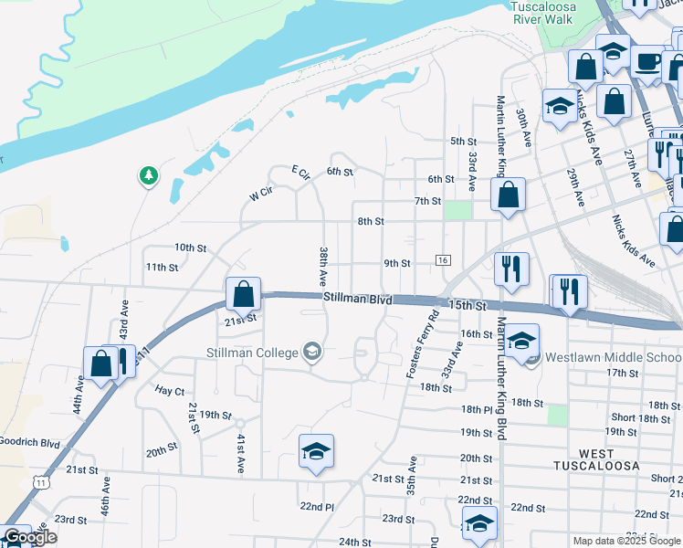 map of restaurants, bars, coffee shops, grocery stores, and more near 1/2 37th Avenue in Tuscaloosa