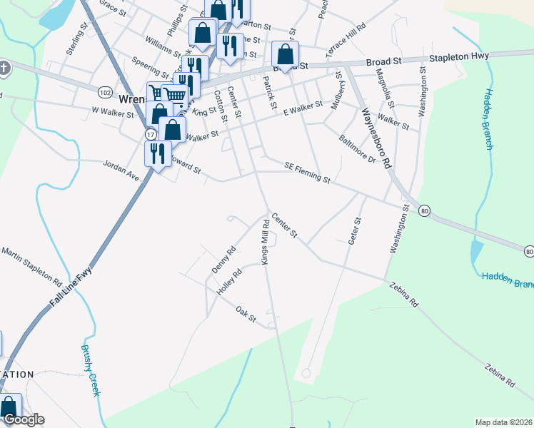 map of restaurants, bars, coffee shops, grocery stores, and more near 410 Center Street in Wrens