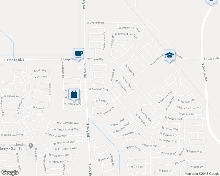 map of restaurants, bars, coffee shops, grocery stores, and more near 1111 West Corriente Drive in San Tan Valley