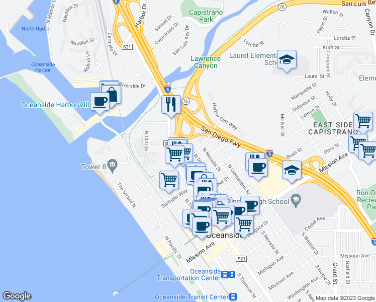 map of restaurants, bars, coffee shops, grocery stores, and more near 612 Neptune Way in Oceanside
