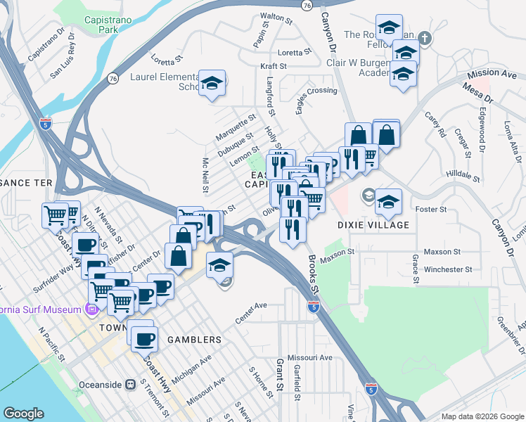 map of restaurants, bars, coffee shops, grocery stores, and more near 1432 Buena Street in Oceanside
