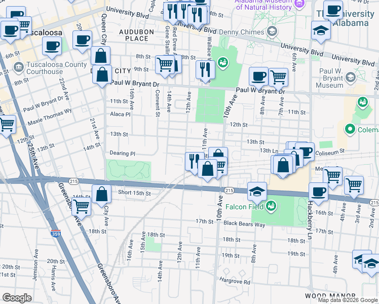 map of restaurants, bars, coffee shops, grocery stores, and more near 1151 13th Street in Tuscaloosa