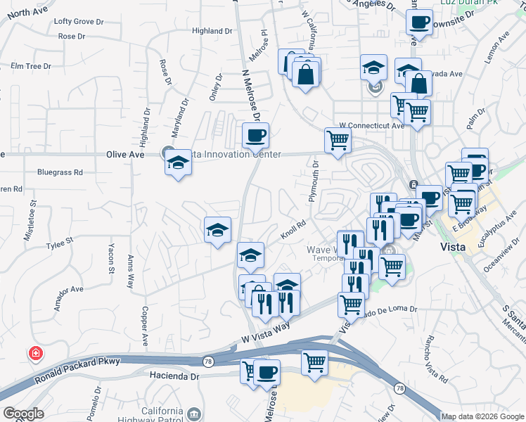 map of restaurants, bars, coffee shops, grocery stores, and more near 370 Ferrara Way in Vista