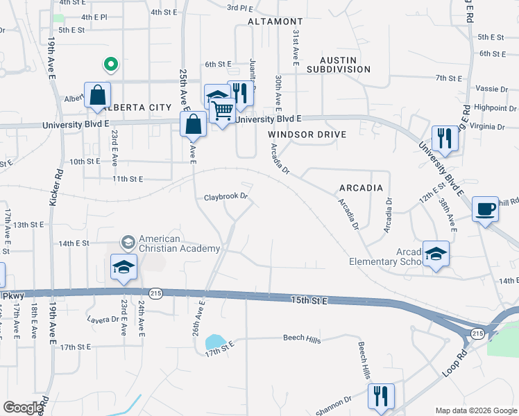 map of restaurants, bars, coffee shops, grocery stores, and more near 2899 Claybrook Drive in Tuscaloosa