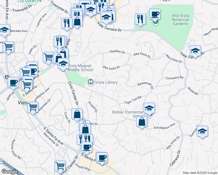 map of restaurants, bars, coffee shops, grocery stores, and more near 815 Normark Terrace in Vista
