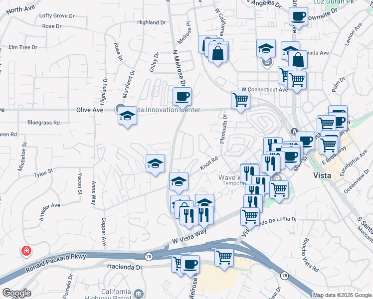 map of restaurants, bars, coffee shops, grocery stores, and more near 375 North Melrose Drive in Vista