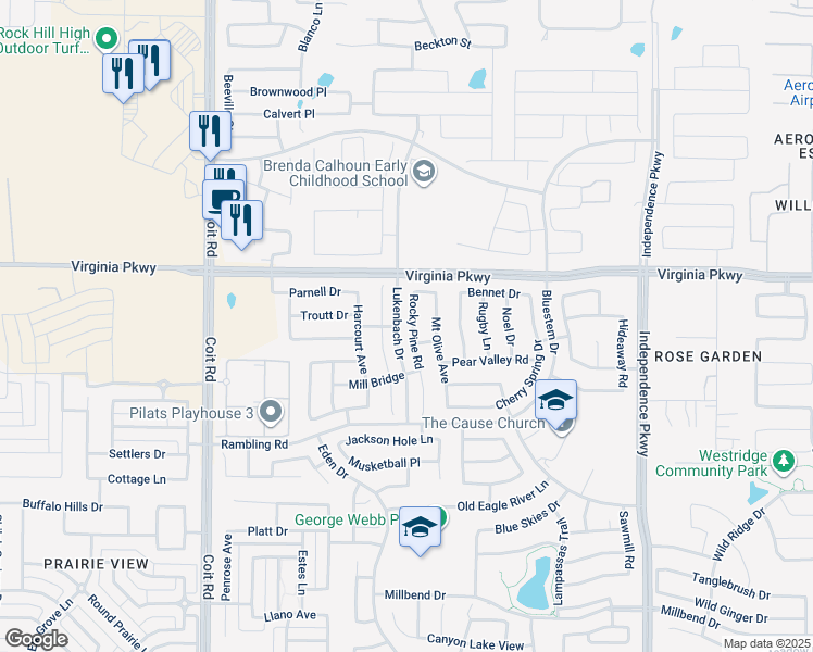 map of restaurants, bars, coffee shops, grocery stores, and more near 201 Rustic Oak Lane in McKinney