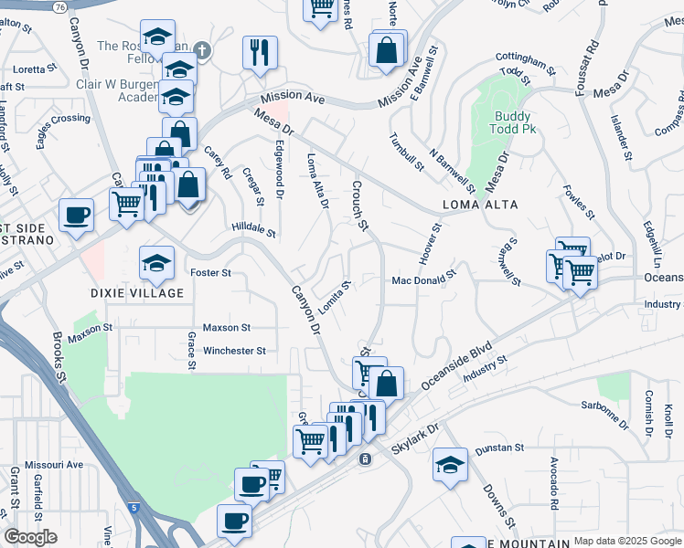 map of restaurants, bars, coffee shops, grocery stores, and more near 506 Canyon Drive in Oceanside