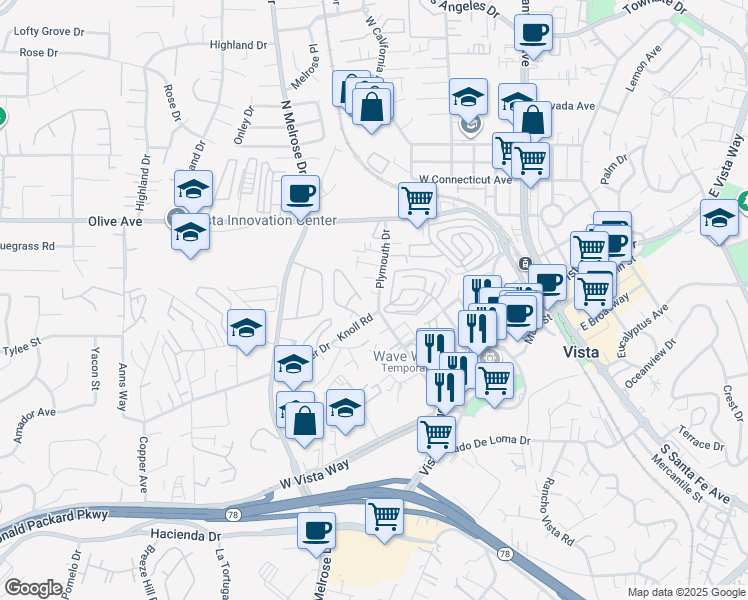 map of restaurants, bars, coffee shops, grocery stores, and more near 432 Ferrara Way in Vista