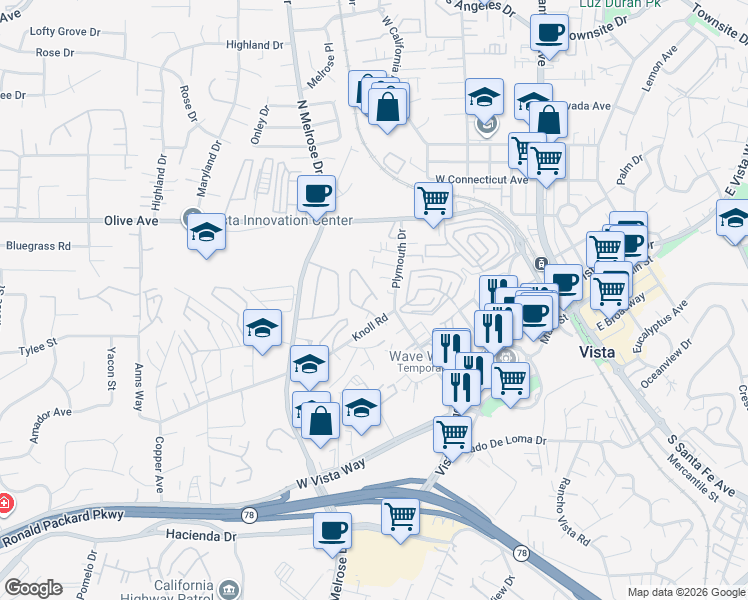 map of restaurants, bars, coffee shops, grocery stores, and more near 432 Ferrara Way in Vista