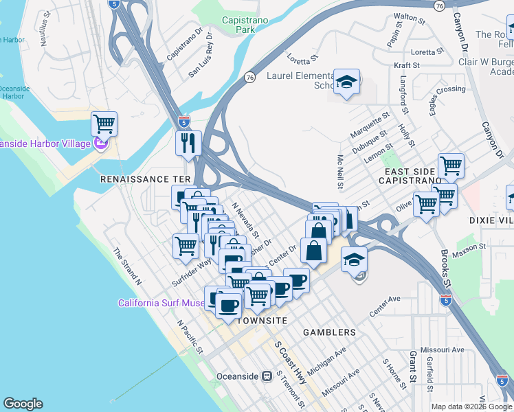 map of restaurants, bars, coffee shops, grocery stores, and more near 910 Windward Way in Oceanside