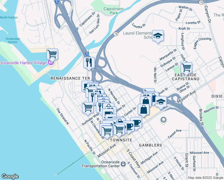 map of restaurants, bars, coffee shops, grocery stores, and more near 717 North Clementine Street in Oceanside