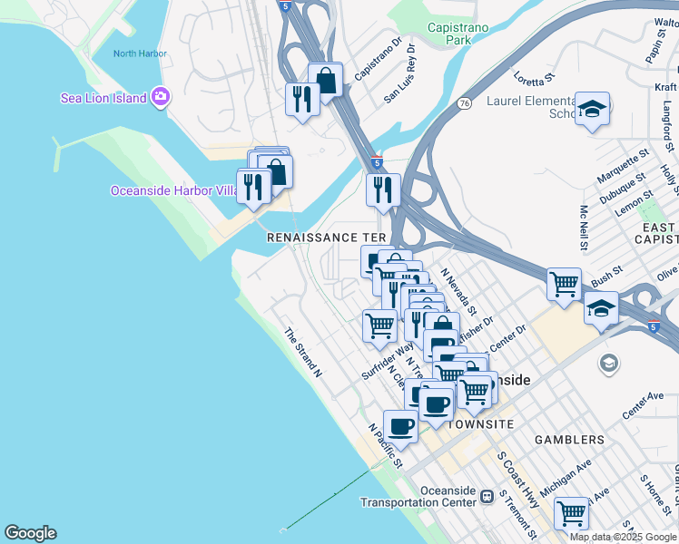 map of restaurants, bars, coffee shops, grocery stores, and more near in Camp Pendleton North