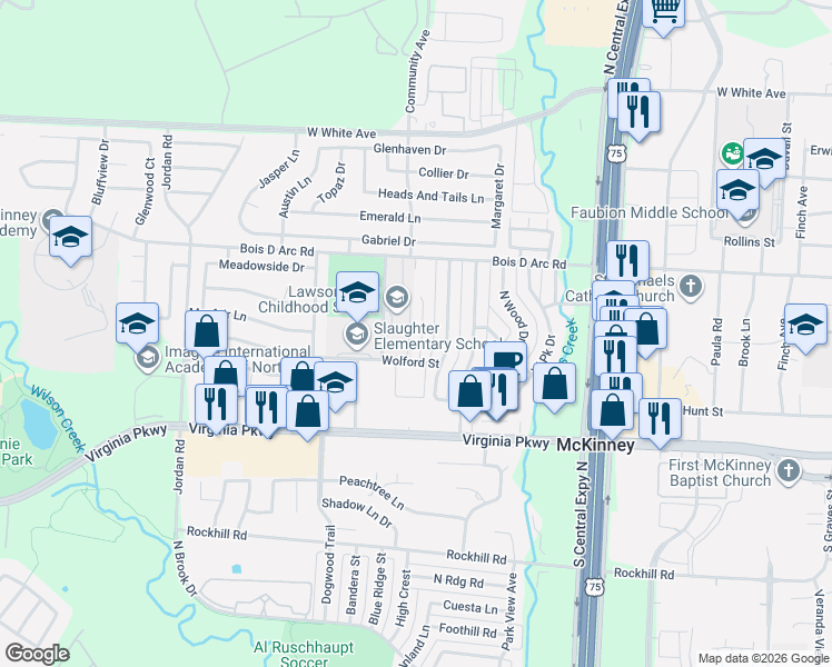 map of restaurants, bars, coffee shops, grocery stores, and more near 500 Dowell Street in McKinney