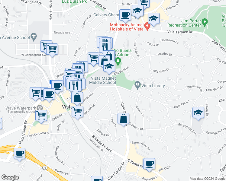 map of restaurants, bars, coffee shops, grocery stores, and more near 211 Civic Center Drive in Vista