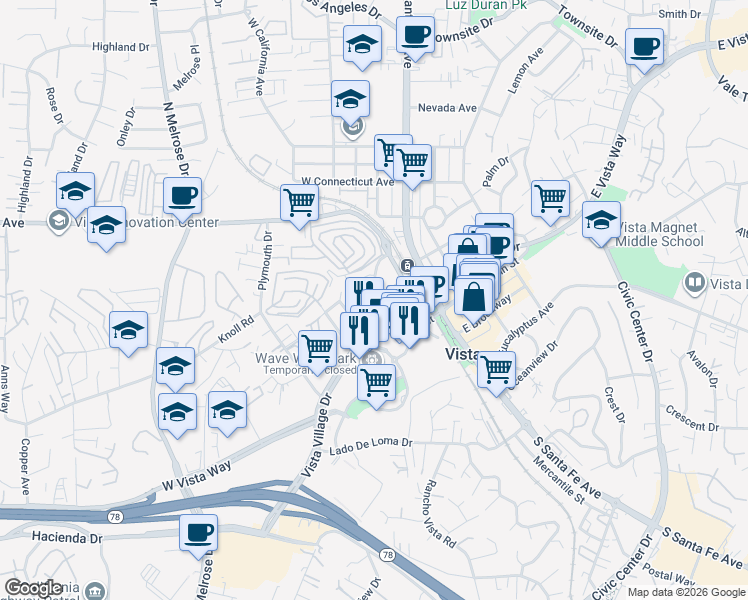 map of restaurants, bars, coffee shops, grocery stores, and more near 223 Goetting Way in Vista