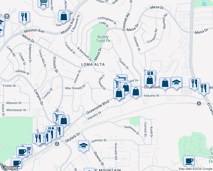 map of restaurants, bars, coffee shops, grocery stores, and more near 310 South Barnwell Street in Oceanside