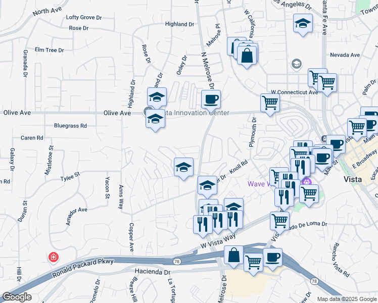 map of restaurants, bars, coffee shops, grocery stores, and more near 400 North Melrose Drive in Vista