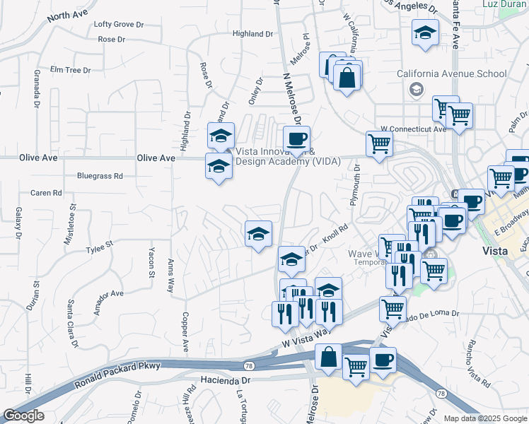map of restaurants, bars, coffee shops, grocery stores, and more near in Vista