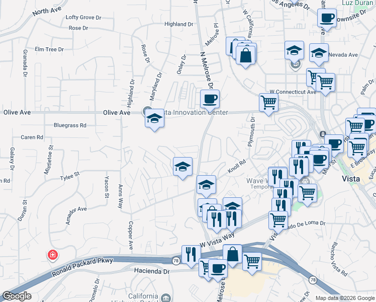 map of restaurants, bars, coffee shops, grocery stores, and more near in Vista