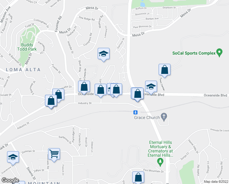 map of restaurants, bars, coffee shops, grocery stores, and more near 3030 Oceanside Boulevard in Oceanside