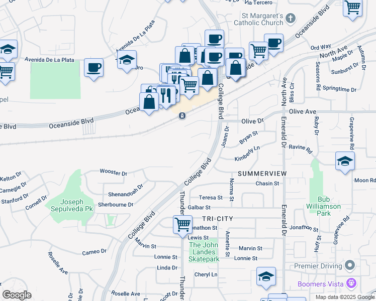 map of restaurants, bars, coffee shops, grocery stores, and more near 4156 Marcella Street in Oceanside