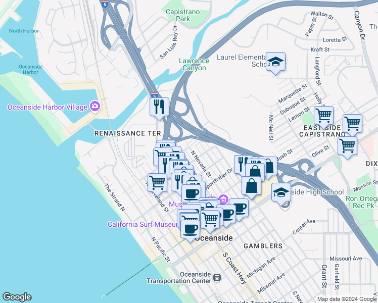 map of restaurants, bars, coffee shops, grocery stores, and more near 719 North Nevada Street in Oceanside