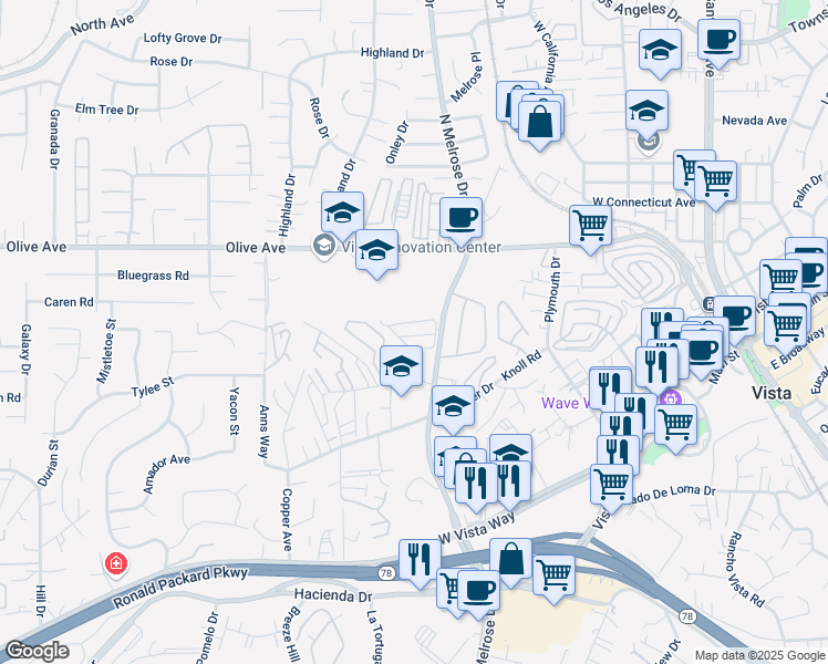 map of restaurants, bars, coffee shops, grocery stores, and more near 400 North Melrose Drive in Vista