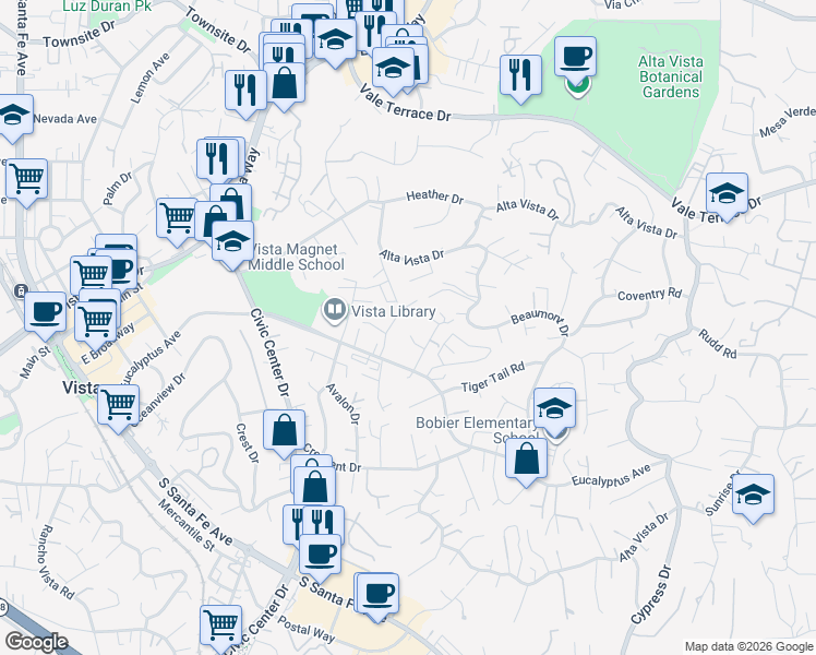 map of restaurants, bars, coffee shops, grocery stores, and more near 200 Vista Glen Lane in Vista