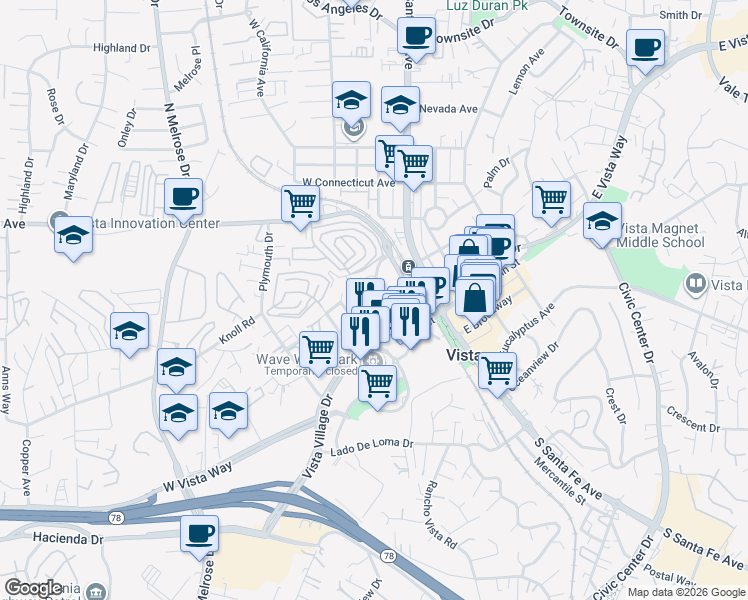 map of restaurants, bars, coffee shops, grocery stores, and more near 223 Goetting Way in Vista