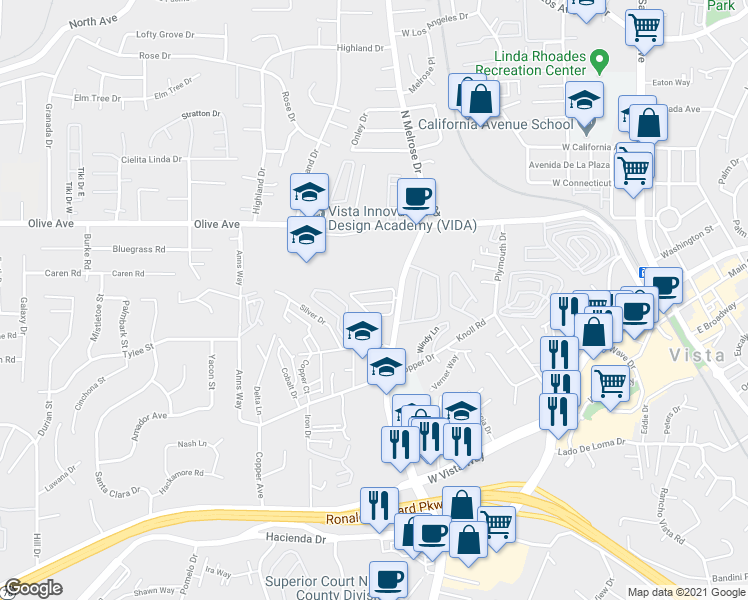 map of restaurants, bars, coffee shops, grocery stores, and more near 400 North Melrose Drive in Vista