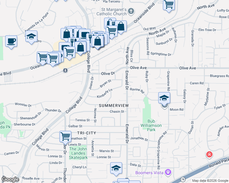 map of restaurants, bars, coffee shops, grocery stores, and more near 4182 Kimberly Lane in Oceanside