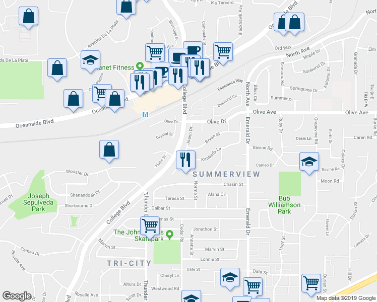 map of restaurants, bars, coffee shops, grocery stores, and more near 2601 Joann Drive in Oceanside