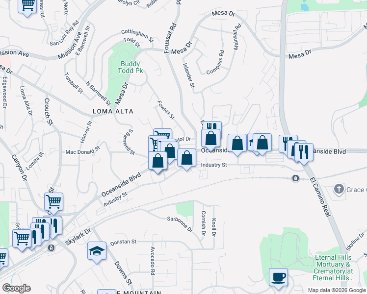 map of restaurants, bars, coffee shops, grocery stores, and more near 2721 Lancelot Drive in Oceanside