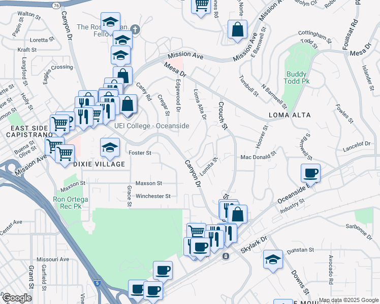 map of restaurants, bars, coffee shops, grocery stores, and more near 277 Walsh Street in Oceanside