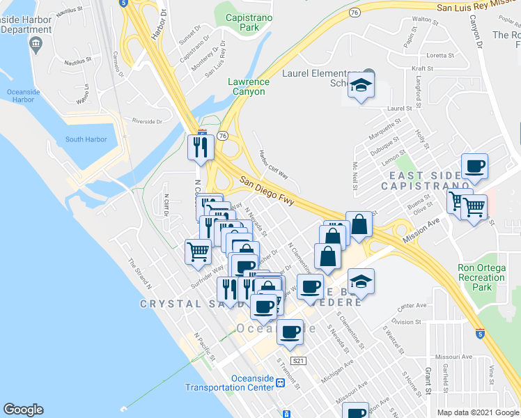 map of restaurants, bars, coffee shops, grocery stores, and more near 717 North Clementine Street in Oceanside