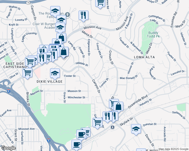 map of restaurants, bars, coffee shops, grocery stores, and more near 265 Loma Alta Drive in Oceanside