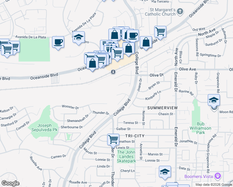 map of restaurants, bars, coffee shops, grocery stores, and more near 4156 Marcella Street in Oceanside