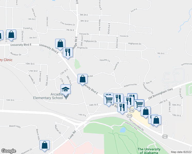 map of restaurants, bars, coffee shops, grocery stores, and more near 4036-4104 Brookhill Road in Tuscaloosa