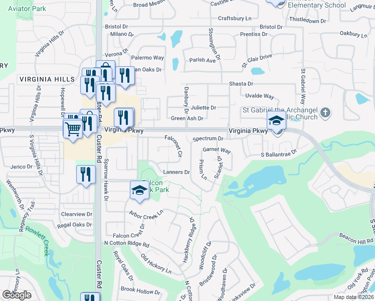 map of restaurants, bars, coffee shops, grocery stores, and more near 8426 Falconet Circle in McKinney