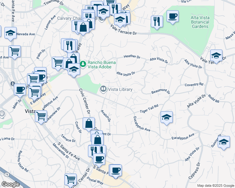 map of restaurants, bars, coffee shops, grocery stores, and more near 223 Vista Glen Lane in Vista