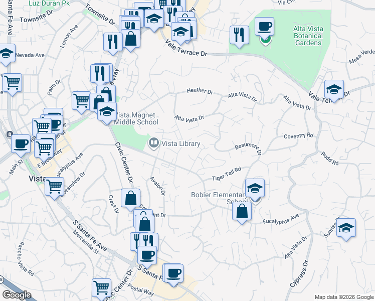 map of restaurants, bars, coffee shops, grocery stores, and more near 200 Vista Glen Lane in Vista