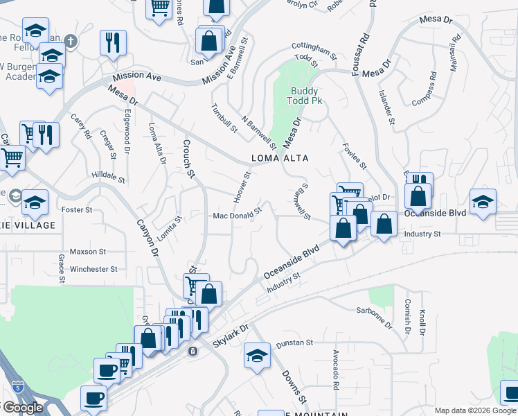 map of restaurants, bars, coffee shops, grocery stores, and more near 2850 Mac Donald Street in Oceanside