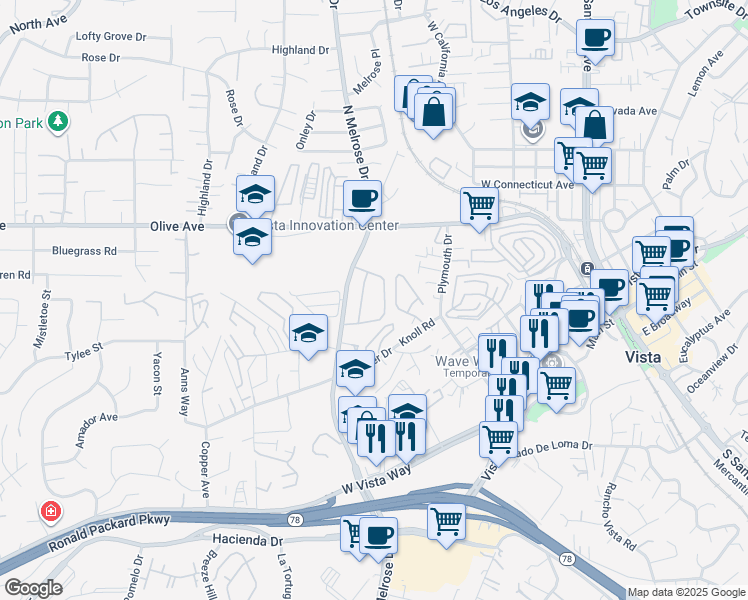 map of restaurants, bars, coffee shops, grocery stores, and more near 375 North Melrose Drive in Vista
