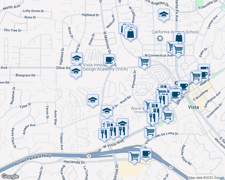 map of restaurants, bars, coffee shops, grocery stores, and more near 367 North Melrose Drive in Vista