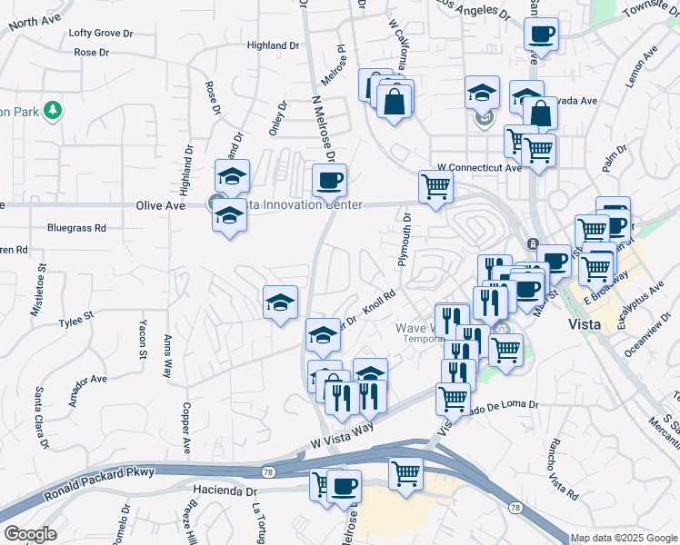 map of restaurants, bars, coffee shops, grocery stores, and more near 345 North Melrose Drive in Vista
