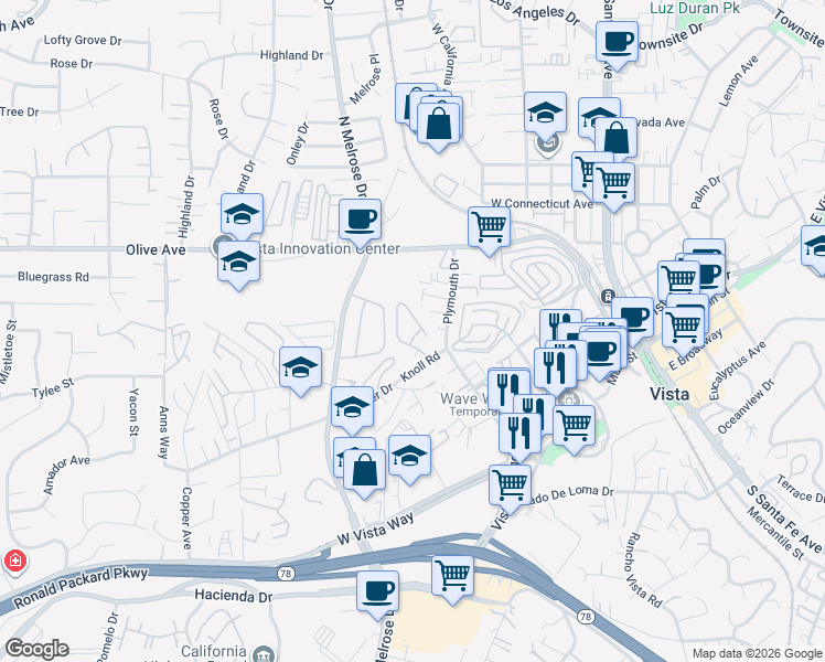 map of restaurants, bars, coffee shops, grocery stores, and more near 432 Ferrara Way in Vista