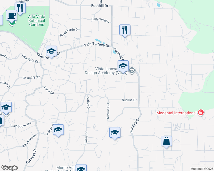 map of restaurants, bars, coffee shops, grocery stores, and more near 358 Sunrise Circle in Vista