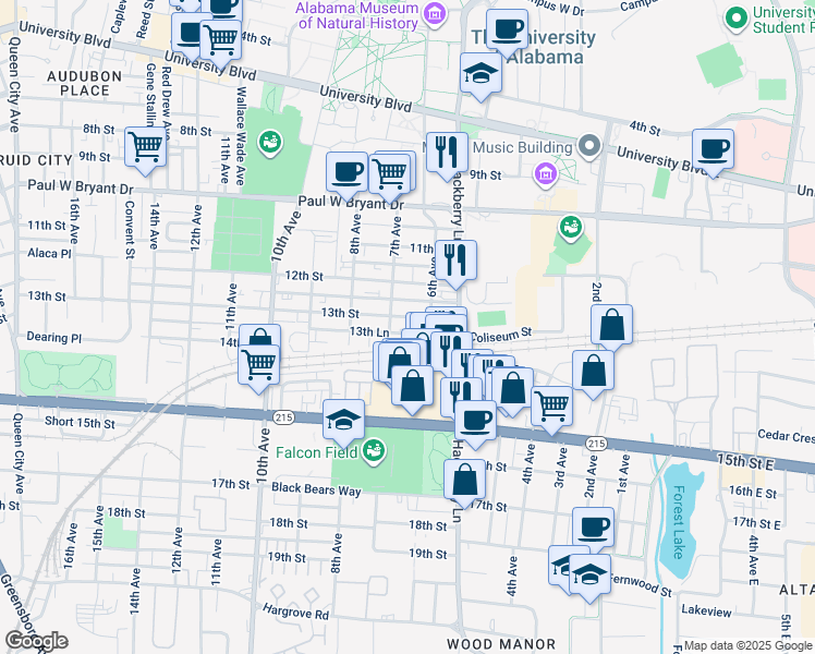 map of restaurants, bars, coffee shops, grocery stores, and more near 600 13th Street in Tuscaloosa