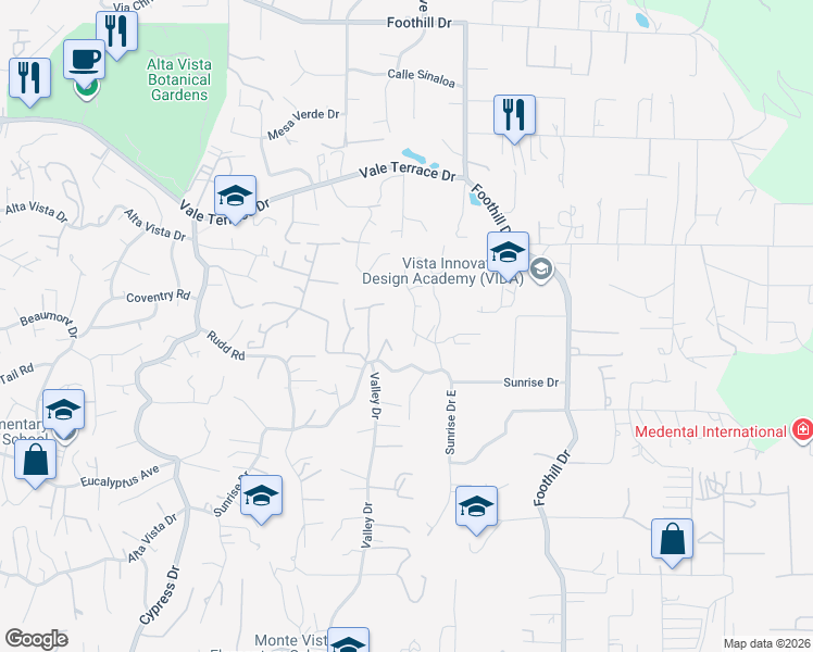 map of restaurants, bars, coffee shops, grocery stores, and more near 325 Sunrise Circle in Vista